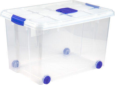 Opslagbak/box met deksel - 1x - 55L - 59 x 40 x 35 cm - transparant - met wielen