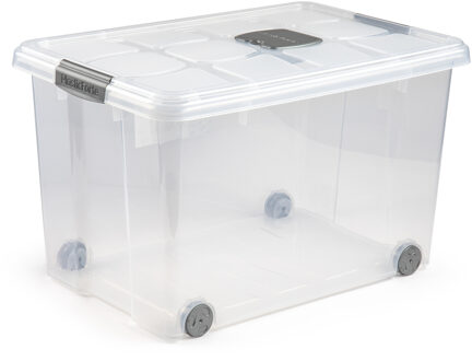 Opslagbak/box met deksel - 1x - 55L - 59 x 40 x 35 cm - transparant - met wielen