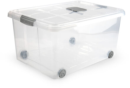 Opslagbak/box met deksel - 1x - 57L - 62 x 45 x 32 cm - transparant - met wielen
