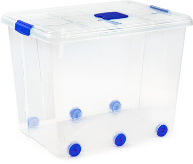 Opslagbak/box met deksel - 1x - 86L - 62 x 45 x 47 cm - transparant - met wielen