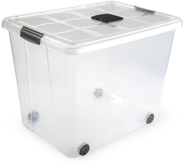 Opslagbak/box met deksel - 1x - 86L - 62 x 45 x 47 cm - transparant - met wielen