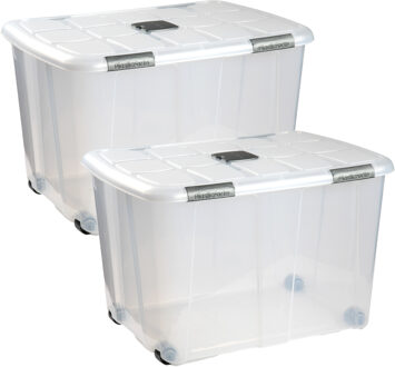 Opslagbak/box met deksel - 2x - 100L - 80 x 60 x 33 cm - transparant - met wielen