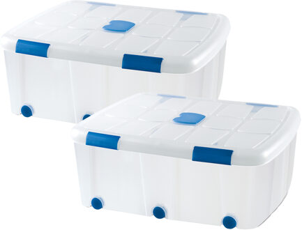 Opslagbak/box met deksel - 2x - 100L - 80 x 60 x 33 cm - transparant - met wielen