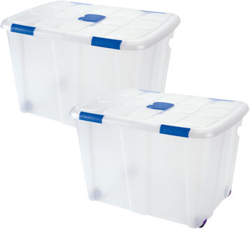 Opslagbak/box met deksel - 2x - 130L - 74 x 54 x 48 cm - transparant - met wielen