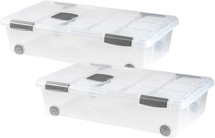 Opslagbak/box met deksel - 2x - 30L - 73 x 41 x 18 cm - transparant - met wielen