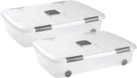 Opslagbak/box met deksel - 2x - 41L - 73 x 55 x 16 cm - transparant - met wielen