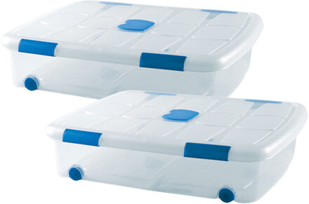 Opslagbak/box met deksel - 2x - 41L - 73 x 55 x 16 cm - transparant - met wielen