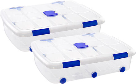 Opslagbak/box met deksel - 2x - 56L - 80 x 60 x 18 cm - transparant - met wielen