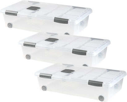 Opslagbak/box met deksel - 3x - 30L - 73 x 41 x 18 cm - transparant - met wielen