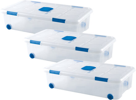 Opslagbak/box met deksel - 3x - 30L - 73 x 41 x 18 cm - transparant - met wielen