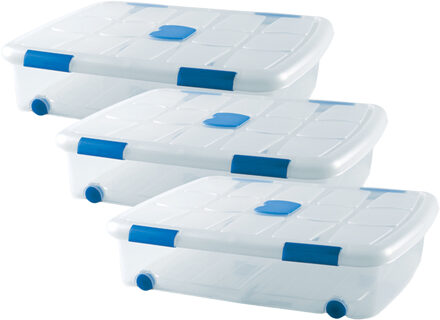 Opslagbak/box met deksel - 3x - 41L - 73 x 55 x 16 cm - transparant - met wielen