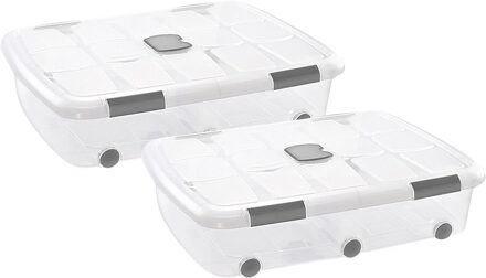 Opslagbak/box met deksel - 3x - 56L - 80 x 60 x 18 cm - transparant - met wielen