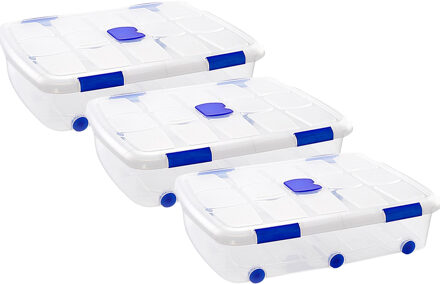 Opslagbak/box met deksel - 3x - 56L - 80 x 60 x 18 cm - transparant - met wielen