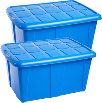 Opslagbox kist van 60 liter met deksel - 2x - Blauw - kunststof - 63 x 46 x 32 cm