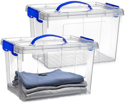 Opslagbox met deksel - 2x - transparant blauw - 11 liter - 34 x 24 x 21 cm - kunststof
