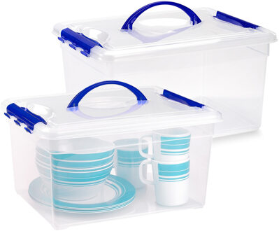 Opslagbox met deksel - 2x - transparant blauw - 12 liter - 34 x 27 x 18 cm - kunststof