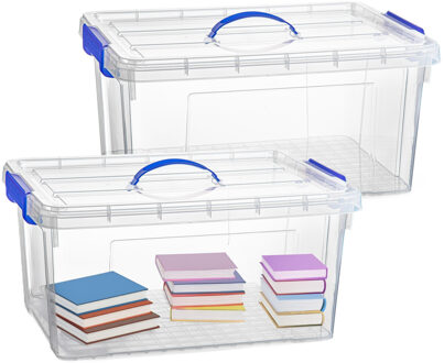 Opslagbox met deksel - 2x - transparant blauw - 34 liter - 53 x 39 x 25 cm - kunststof