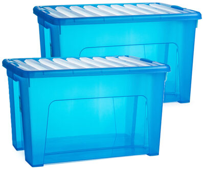 Opslagbox met deksel - 2x - transparant blauw - 47 liter - 54 x 38 x 32 cm - kunststof