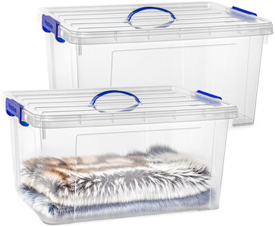 Opslagbox met deksel - 2x - transparant blauw - 54 liter - 60 x 45 x 30 cm - kunststof