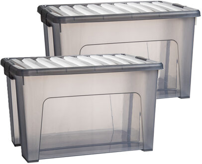 Opslagbox met deksel - 2x - transparant grijs - 47 liter - 54 x 38 x 32 cm - kunststof