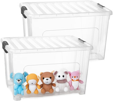 Opslagbox met deksel - 2x - transparant/grijs - 47 liter - 54 x 38 x 32 cm - kunststof