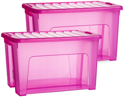 Opslagbox met deksel - 2x - transparant roze - 47 liter - 54 x 38 x 32 cm - kunststof