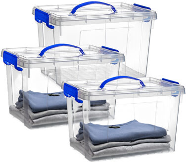 Opslagbox met deksel - 3x - transparant blauw - 11 liter - 34 x 24 x 21 cm - kunststof