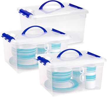Opslagbox met deksel - 3x - transparant blauw - 12 liter - 34 x 27 x 18 cm - kunststof