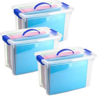 Opslagbox met deksel - 3x - transparant blauw - 22 liter - 28 x 45 x 28 cm - kunststof