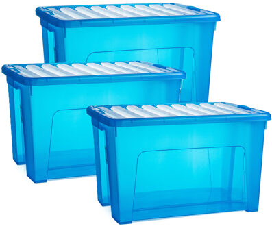 Opslagbox met deksel - 3x - transparant blauw - 47 liter - 54 x 38 x 32 cm - kunststof