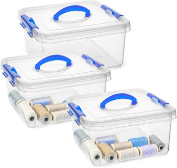 Opslagbox met deksel - 3x - transparant blauw - 5 liter - 24 x 24 x 13 cm - kunststof