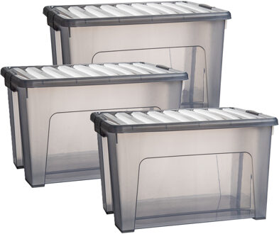 Opslagbox met deksel - 3x - transparant grijs - 47 liter - 54 x 38 x 32 cm - kunststof