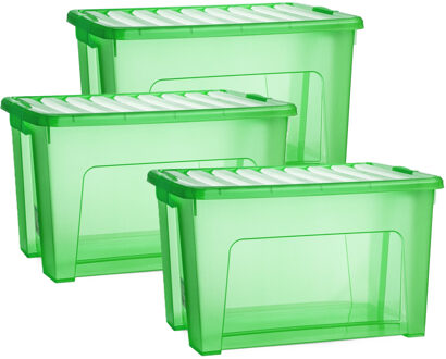 Opslagbox met deksel - 3x - transparant groen - 47 liter - 54 x 38 x 32 cm - kunststof