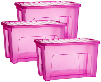 Opslagbox met deksel - 3x - transparant roze - 47 liter - 54 x 38 x 32 cm - kunststof