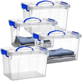 Opslagbox met deksel - 4x - transparant blauw - 11 liter - 34 x 24 x 21 cm - kunststof