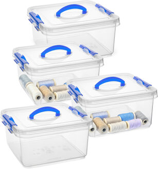 Opslagbox met deksel - 4x - transparant blauw - 5 liter - 24 x 24 x 13 cm - kunststof