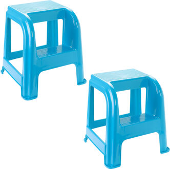 Opstapkrukje - 2x - 2 tredes - blauw - kunststof - 44 x 42 x 45 cm