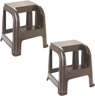 Opstapkrukje - 2x - 2 tredes - bruin - kunststof - 44 x 42 x 45 cm