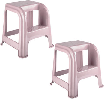 Opstapkrukje - 2x - 2 tredes - roze - kunststof - 44 x 42 x 45 cm