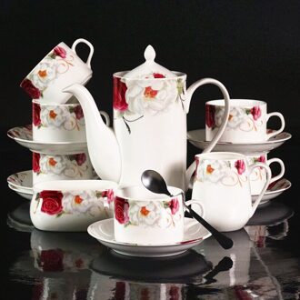 Optioneel Bone Porselein Koffie Set Afternoon Tea Set Cup Mok Schotel Melk Suiker Pot Set (15 Pcs) bloem