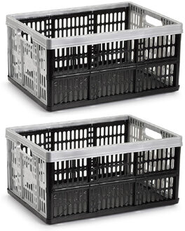 Opvouw krat - 2x - zwart/zilver - 48 x 35 x 24 cm - boodschappen - 32 liter
