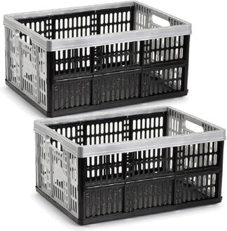 Opvouw krat - 2x - zwart/zilver - 48 x 35 x 24 cm - boodschappen - 32 liter