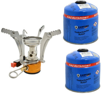 Opvouwbaar mini-campingkooktoestel/kookpit - zilver - incl. 2x gas navulling 500 gram - Kookbranders