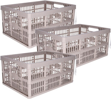 Opvouwbare krat - 3x - beige - 48 x 35 x 24 cm - boodschappen - 32 liter - kunststof