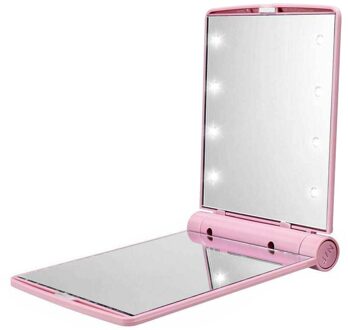 Opvouwbare Make-Up Spiegel Vrouwen Outdoor Draagbare Cosmetische Abs Plastic Opvouwbare Spiegel Met 8 Led Verlichting Lampen roze