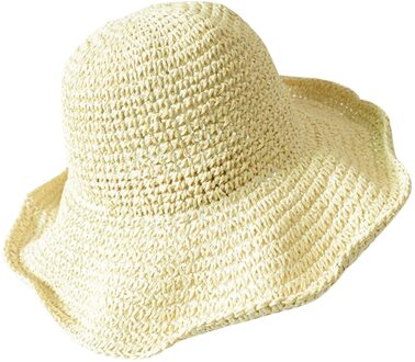 Opvouwbare Stro Strand Hoed Vrouwen Reizen Uv Hoed Brede Rand Zonnehoed Beige