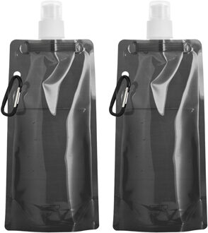 Opvouwbare Waterfles - 10x - zwart - kunststof - 460 ml - schroefdop - karabijnhaak - waterzak