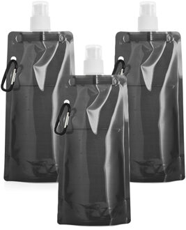 Opvouwbare Waterfles - 3x - zwart - kunststof - 460 ml - schroefdop - karabijnhaak - waterzak