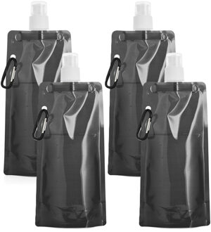 Opvouwbare Waterfles - 4x - zwart - kunststof - 460 ml - schroefdop - karabijnhaak - waterzak