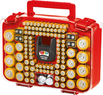Orange Donkey Battery Daddy Dubbelzijdige batterijbox met Batterij Tester, voor 150 batterijen Rood